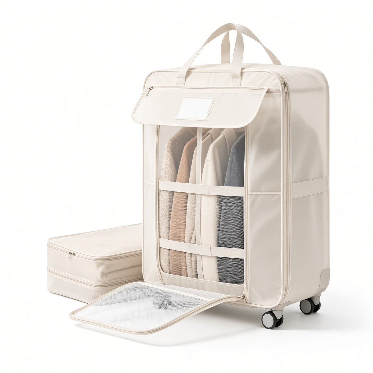 Flip-Top Compression Storage Bag with Hidden Wheels - Creamy White & Light Gray