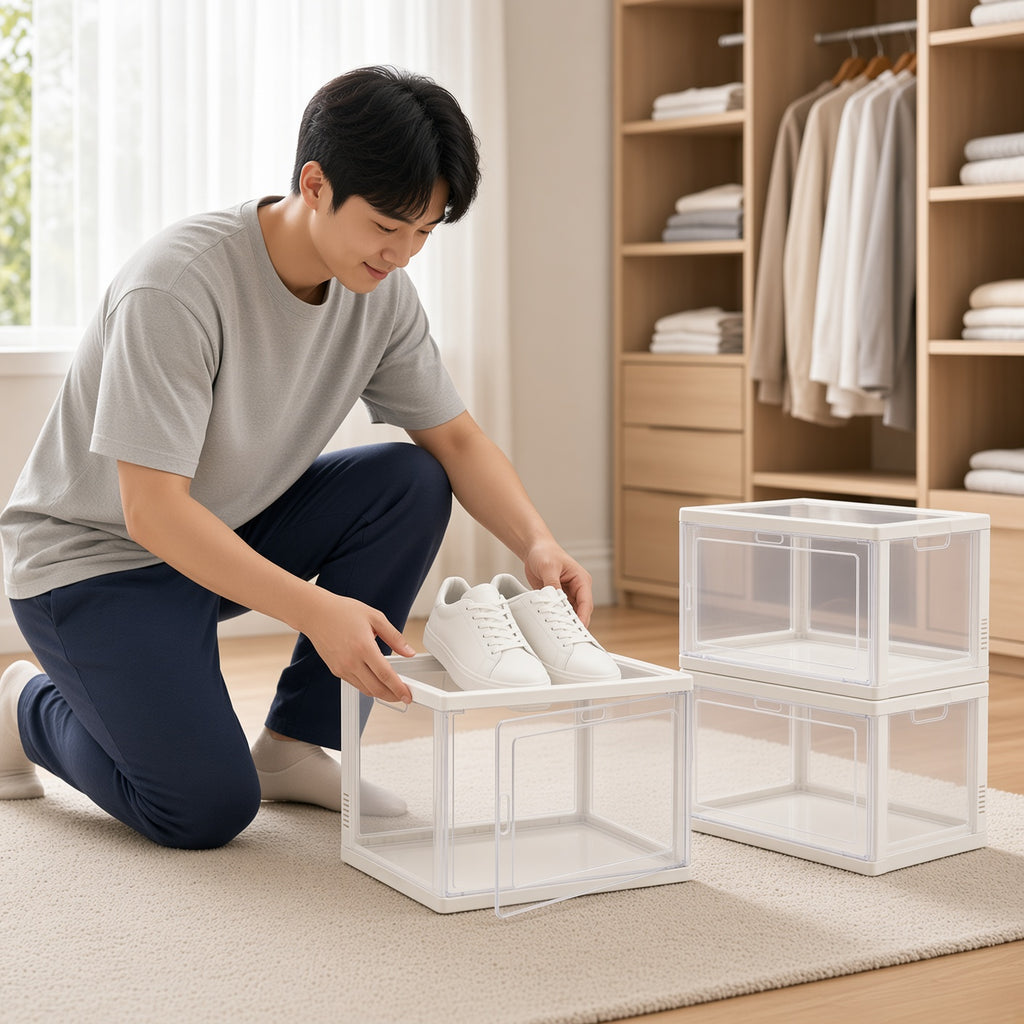 Stackable Clear Shoe Storage Box with Magnetic Door